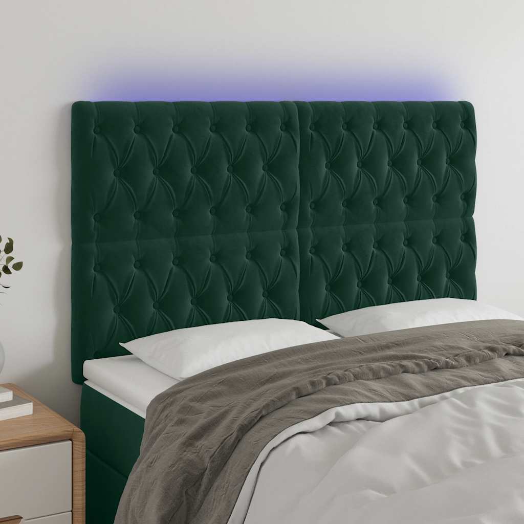 Cabeceira de cama c/ LED veludo 160x7x118/128 cm verde-escuro