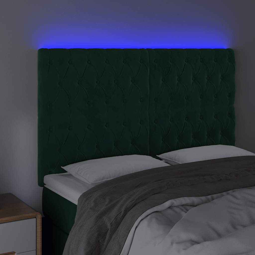 Cabeceira de cama c/ LED veludo 160x7x118/128 cm verde-escuro