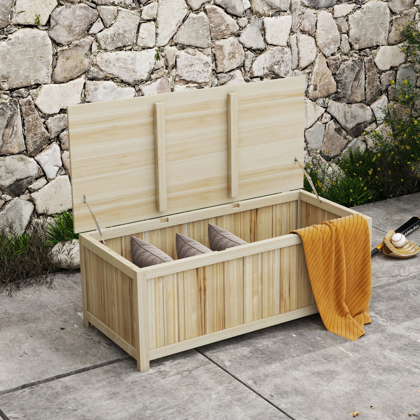 Baú de armazenamento exterior em madeira 172 l com tampa articulada resistente às intempéries para jardim madeira