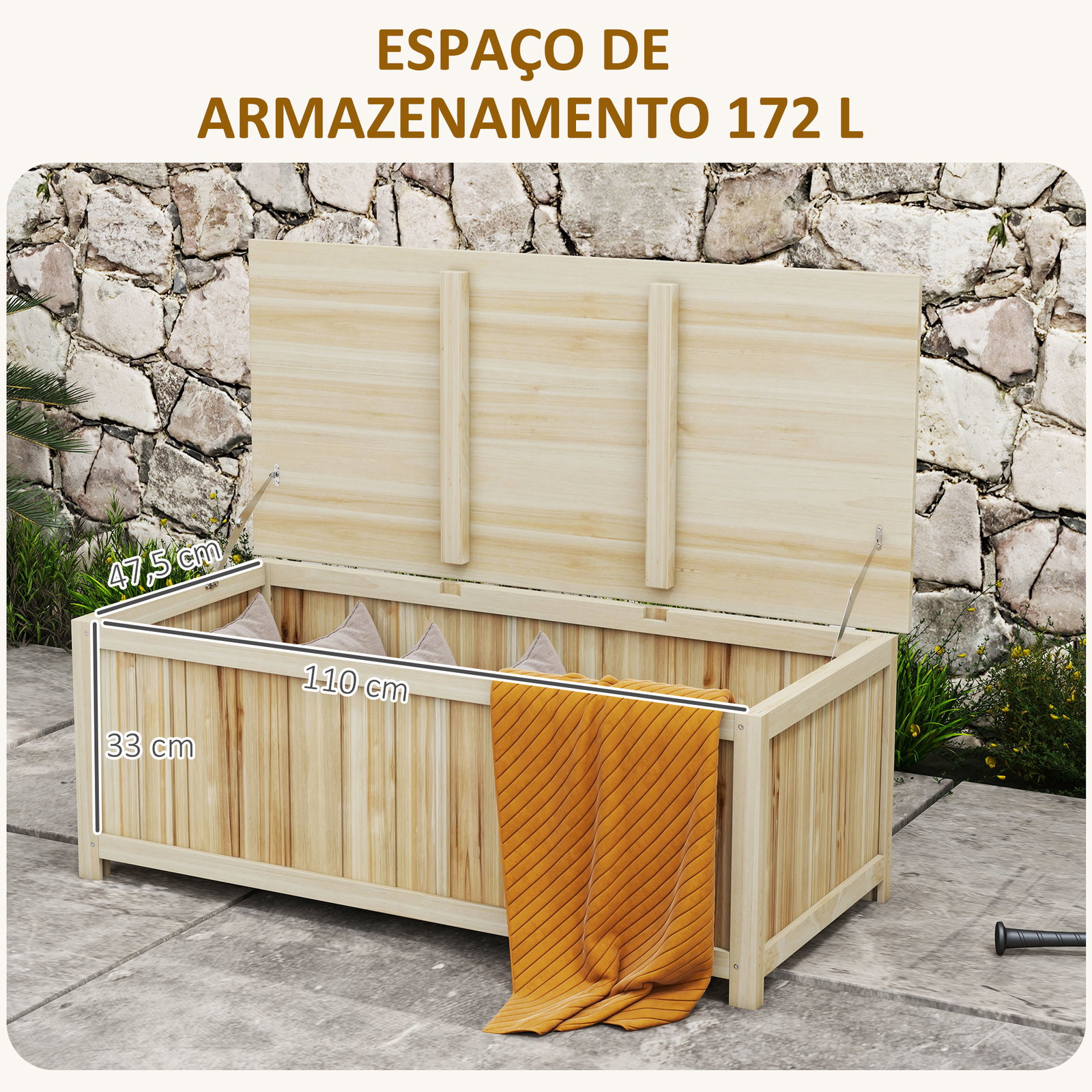 Baú de armazenamento exterior em madeira 172 l com tampa articulada resistente às intempéries para jardim madeira