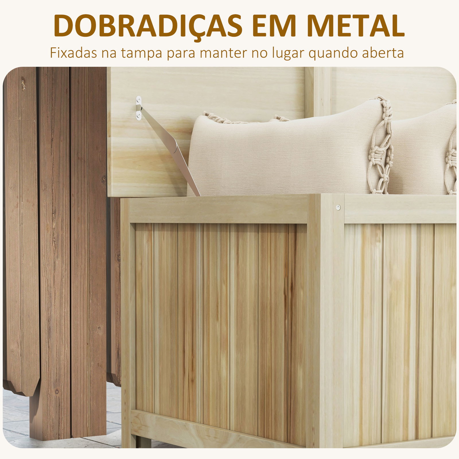 Baú de armazenamento exterior em madeira 172 l com tampa articulada resistente às intempéries para jardim madeira