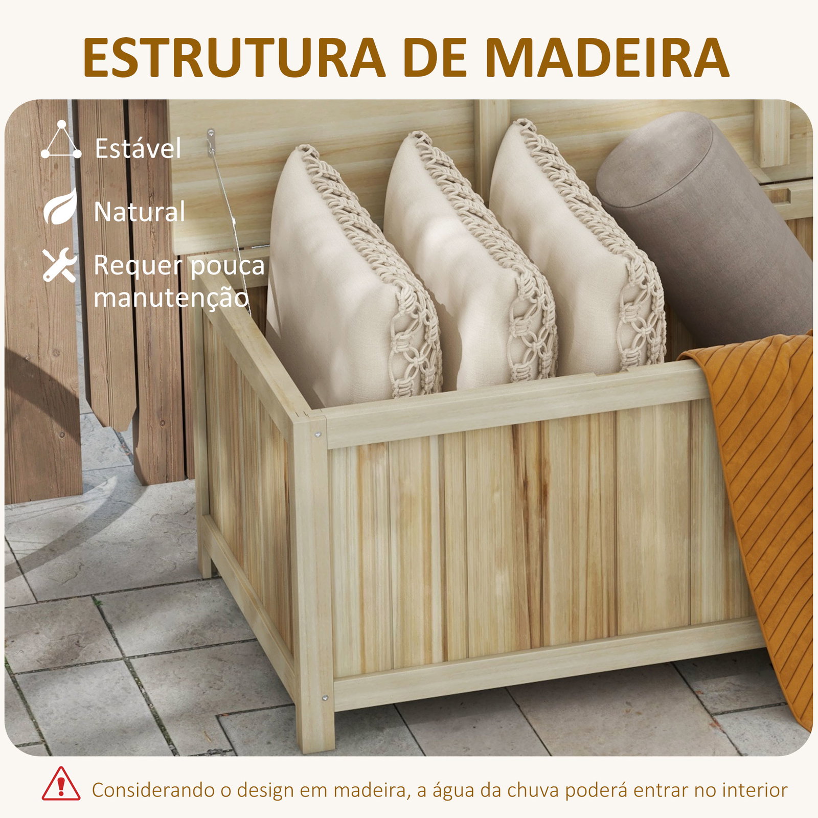 Baú de armazenamento exterior em madeira 172 l com tampa articulada resistente às intempéries para jardim madeira