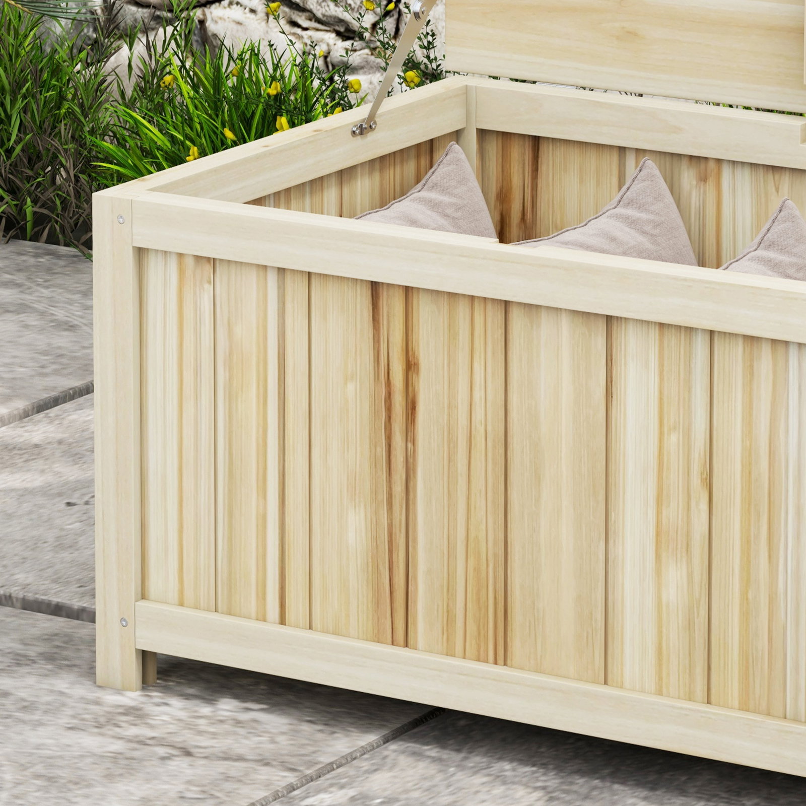 Baú de armazenamento exterior em madeira 172 l com tampa articulada resistente às intempéries para jardim madeira