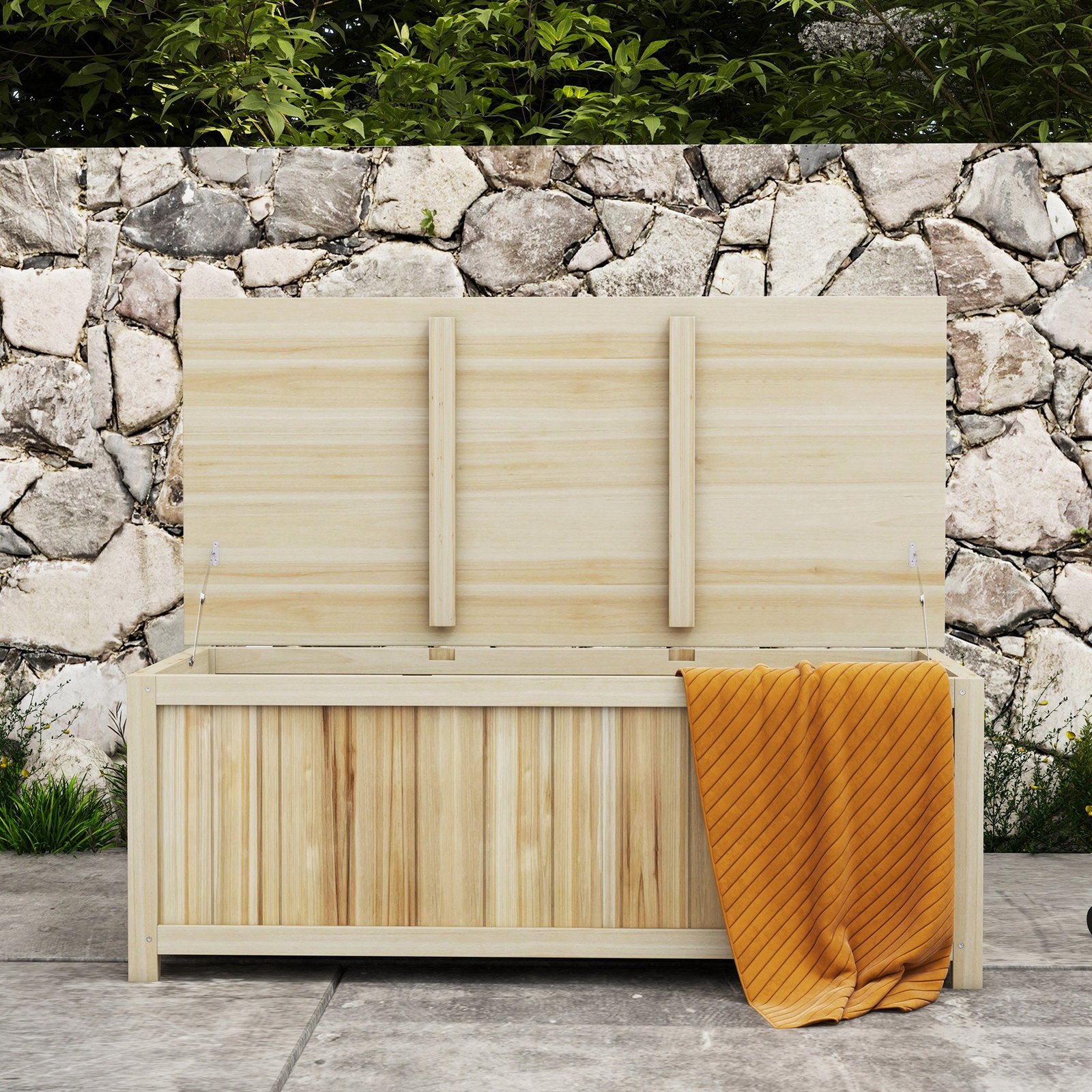Baú de armazenamento exterior em madeira 172 l com tampa articulada resistente às intempéries para jardim madeira