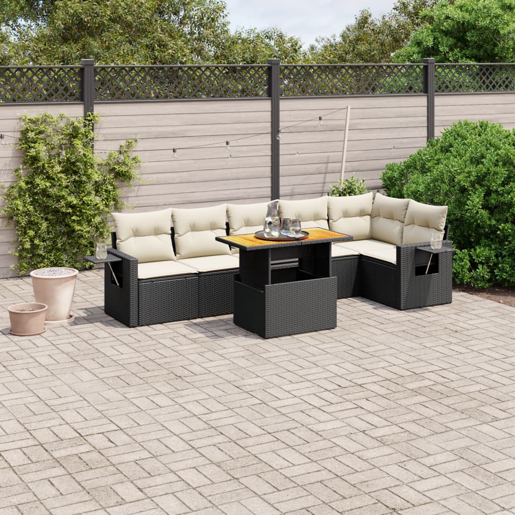 7 Pcs conjunto de sofás p/ jardim c/ almofadões vime PE preto