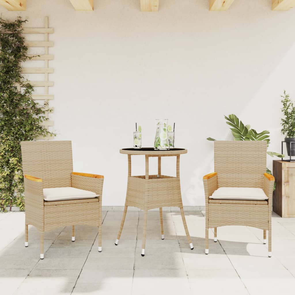 3 Pcs conjunto jantar jardim com almofadões vime PE/vidro bege