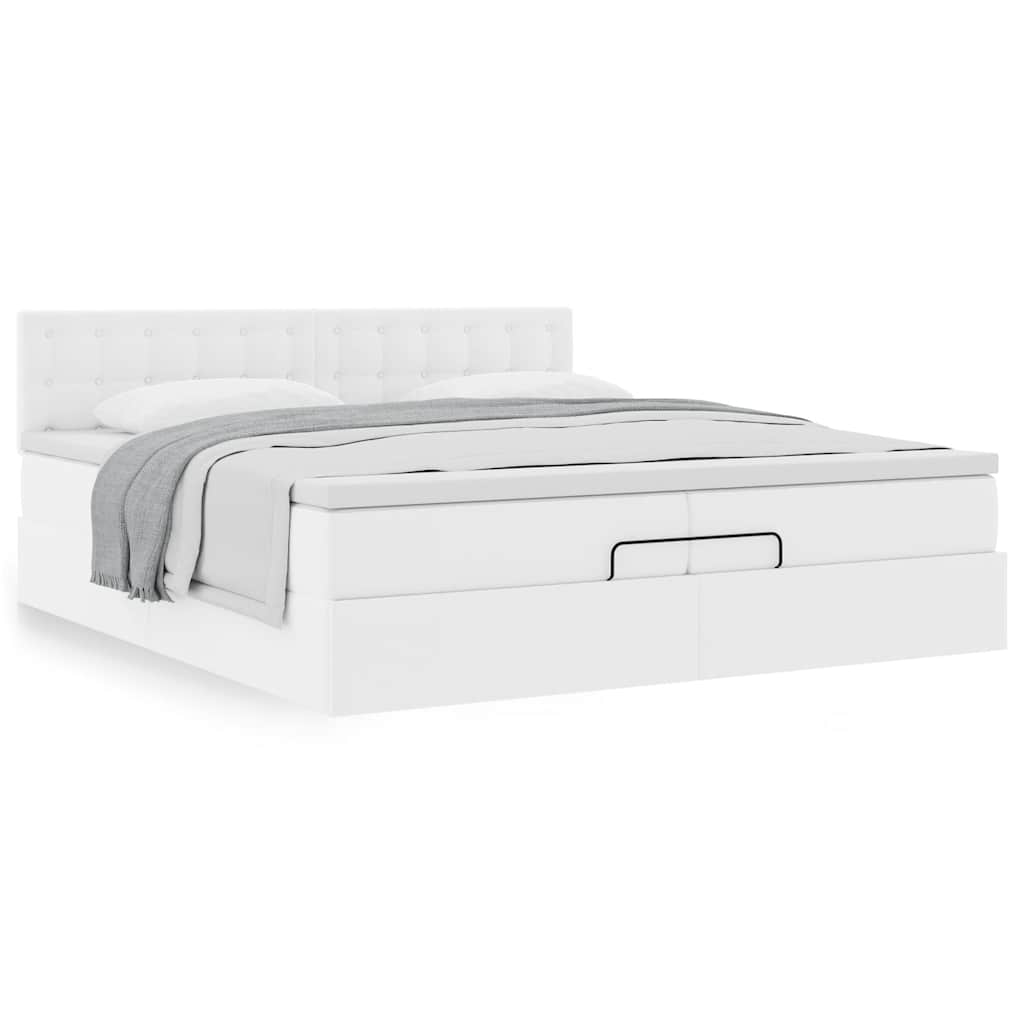 Estrutura de cama otomana com colchão branco couro falso