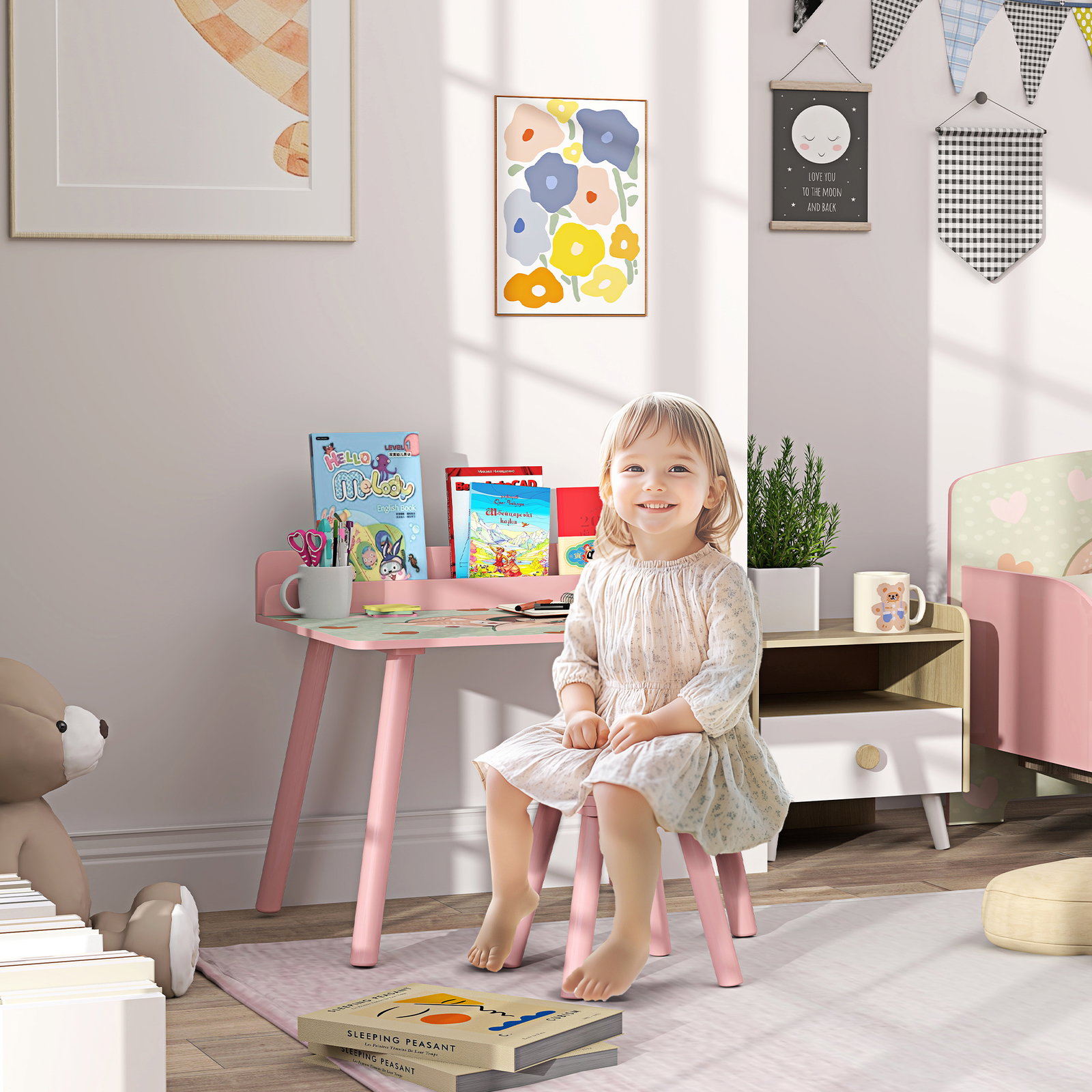 Mesa e cadeira para crianças com prateleira para livros secretária para crianças acima de 3 anos rosa