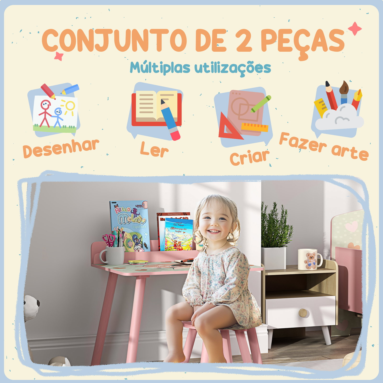 Mesa e cadeira para crianças com prateleira para livros secretária para crianças acima de 3 anos rosa
