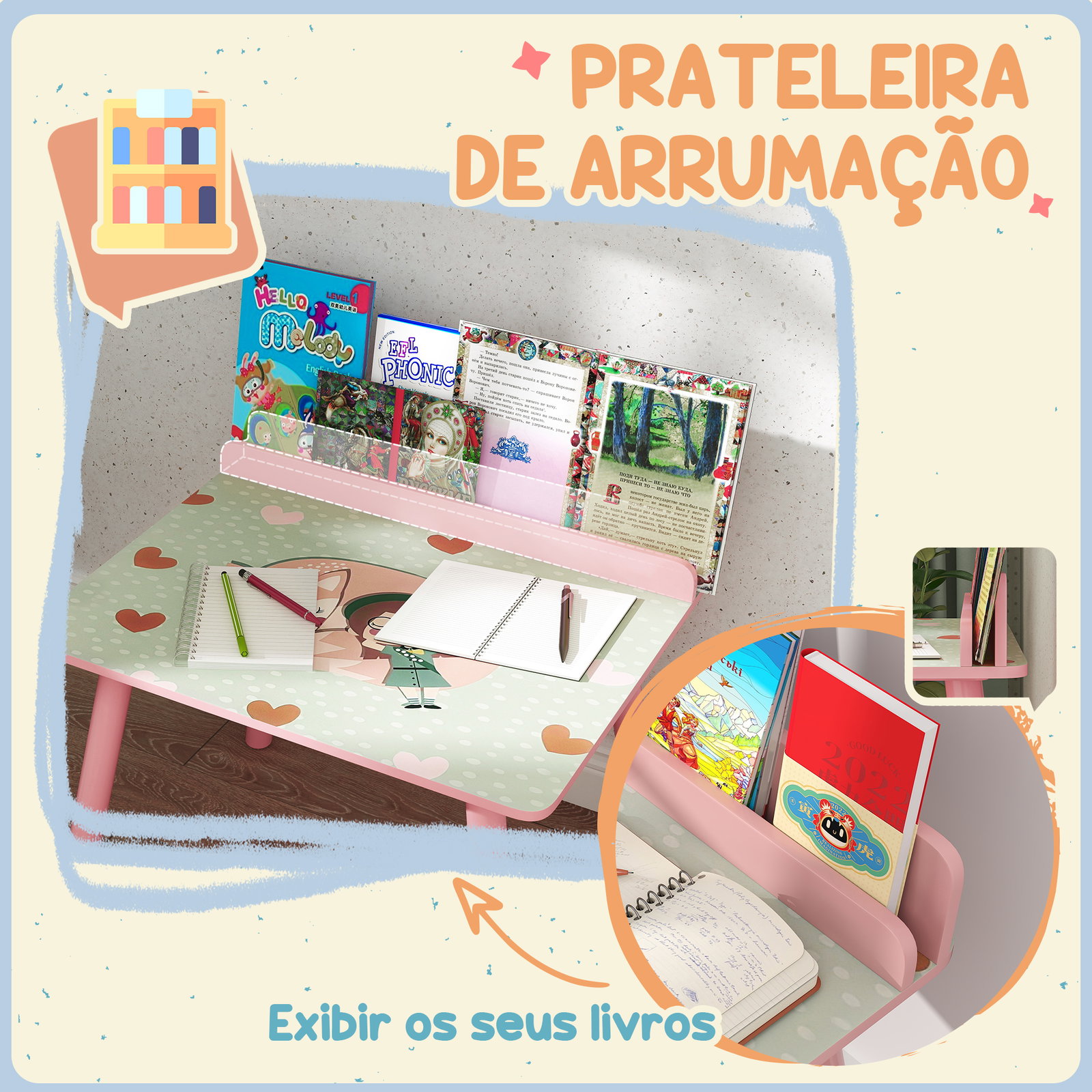 Mesa e cadeira para crianças com prateleira para livros secretária para crianças acima de 3 anos rosa