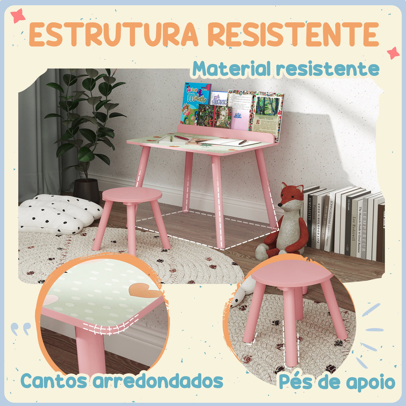 Mesa e cadeira para crianças com prateleira para livros secretária para crianças acima de 3 anos rosa