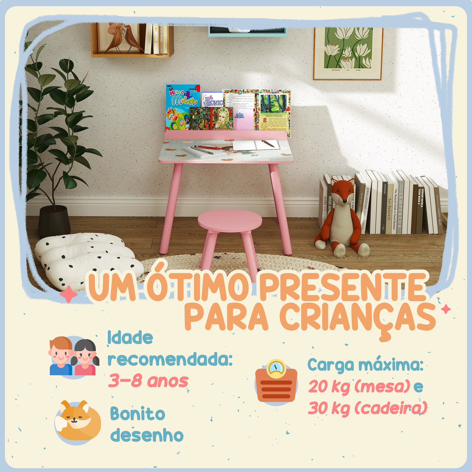 Mesa e cadeira para crianças com prateleira para livros secretária para crianças acima de 3 anos rosa