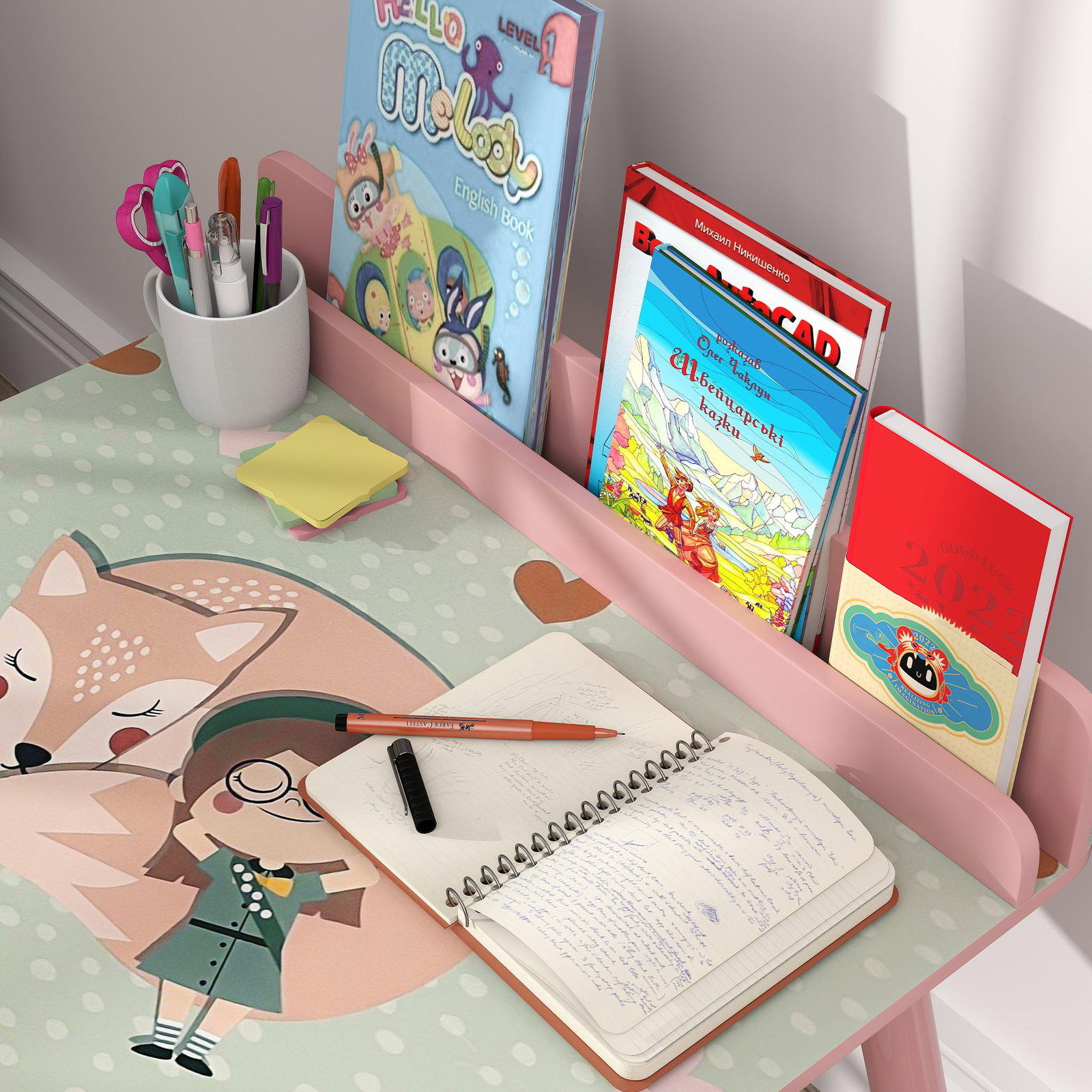 Mesa e cadeira para crianças com prateleira para livros secretária para crianças acima de 3 anos rosa