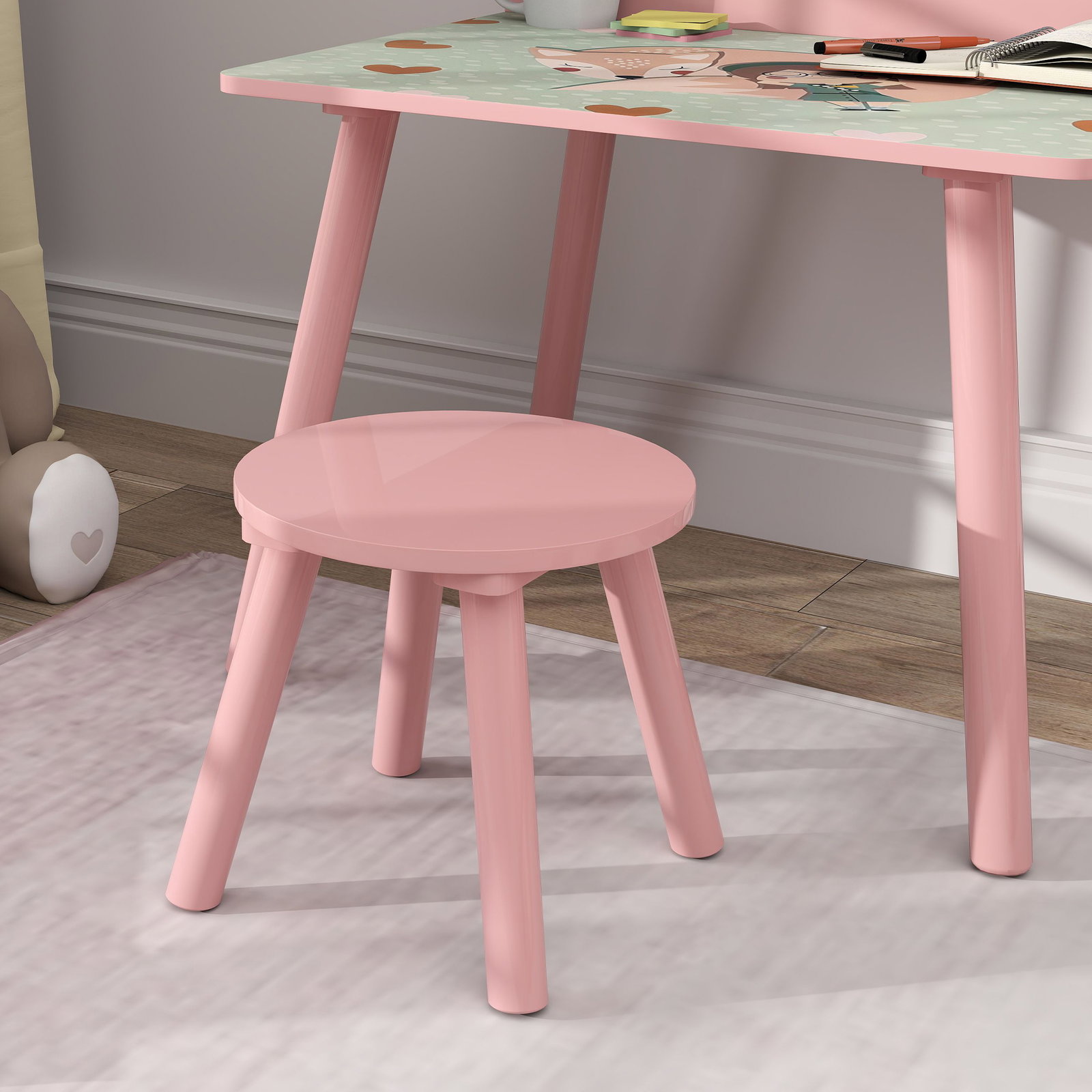 Mesa e cadeira para crianças com prateleira para livros secretária para crianças acima de 3 anos rosa