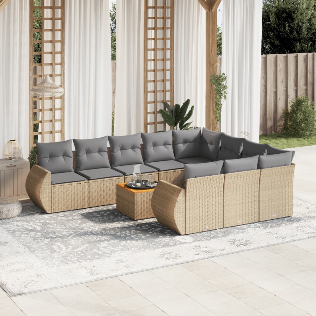 11 Pcs conjunto sofás de jardim c/ almofadões vime PE bege