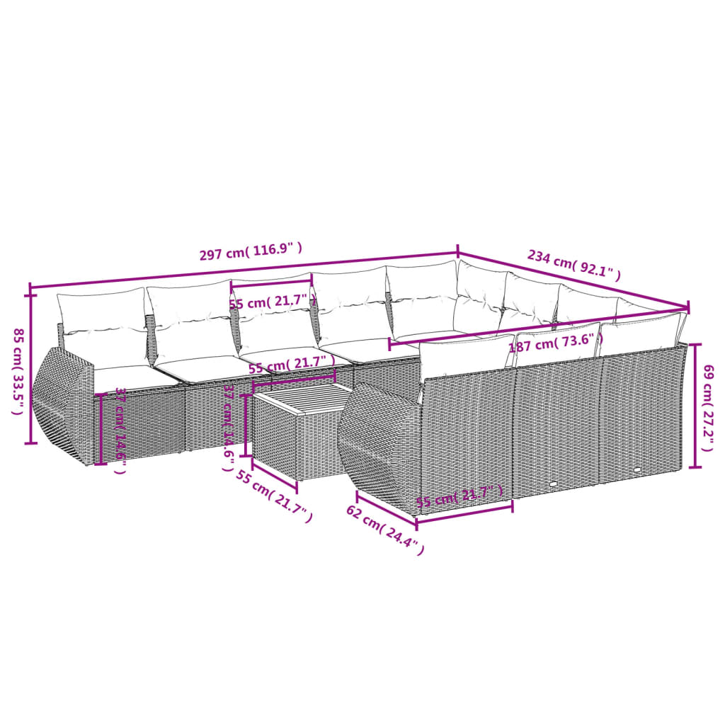 11 Pcs conjunto sofás de jardim c/ almofadões vime PE bege