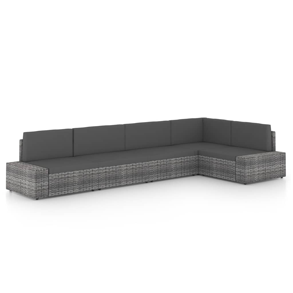 5 Pcs conjunto lounge de jardim c/ almofadões vime PE cinzento