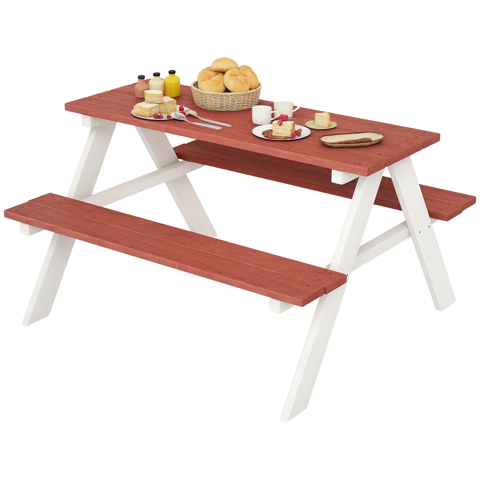Conjunto de mesa e 2 bancos infantil de madeira mesa de piquenique para crianças de 3-8 anos 89x79x50 cm marrom e branco