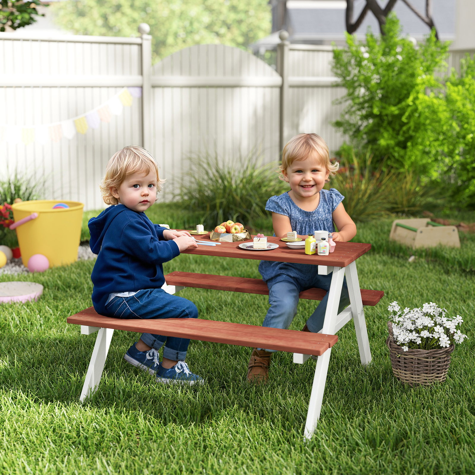 Conjunto de mesa e 2 bancos infantil de madeira mesa de piquenique para crianças de 3-8 anos 89x79x50 cm marrom e branco