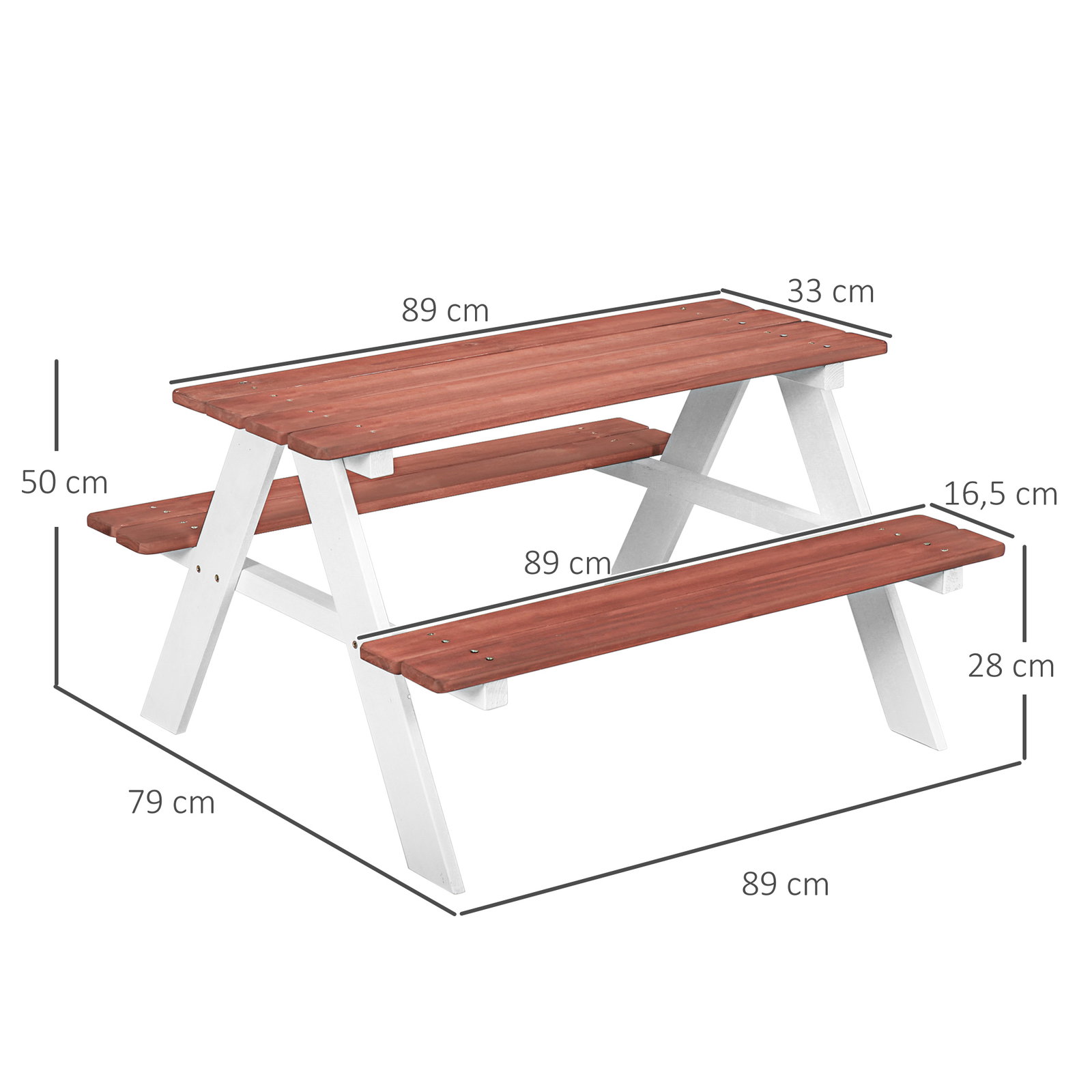 Conjunto de mesa e 2 bancos infantil de madeira mesa de piquenique para crianças de 3-8 anos 89x79x50 cm marrom e branco
