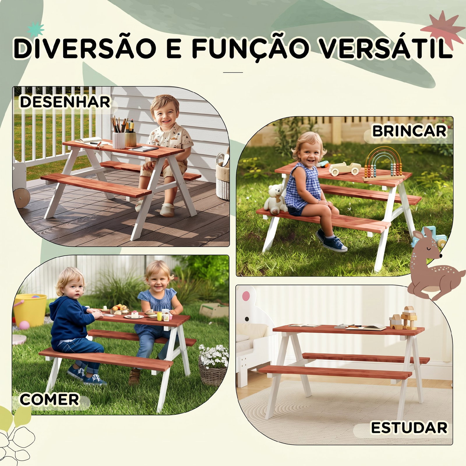 Conjunto de mesa e 2 bancos infantil de madeira mesa de piquenique para crianças de 3-8 anos 89x79x50 cm marrom e branco