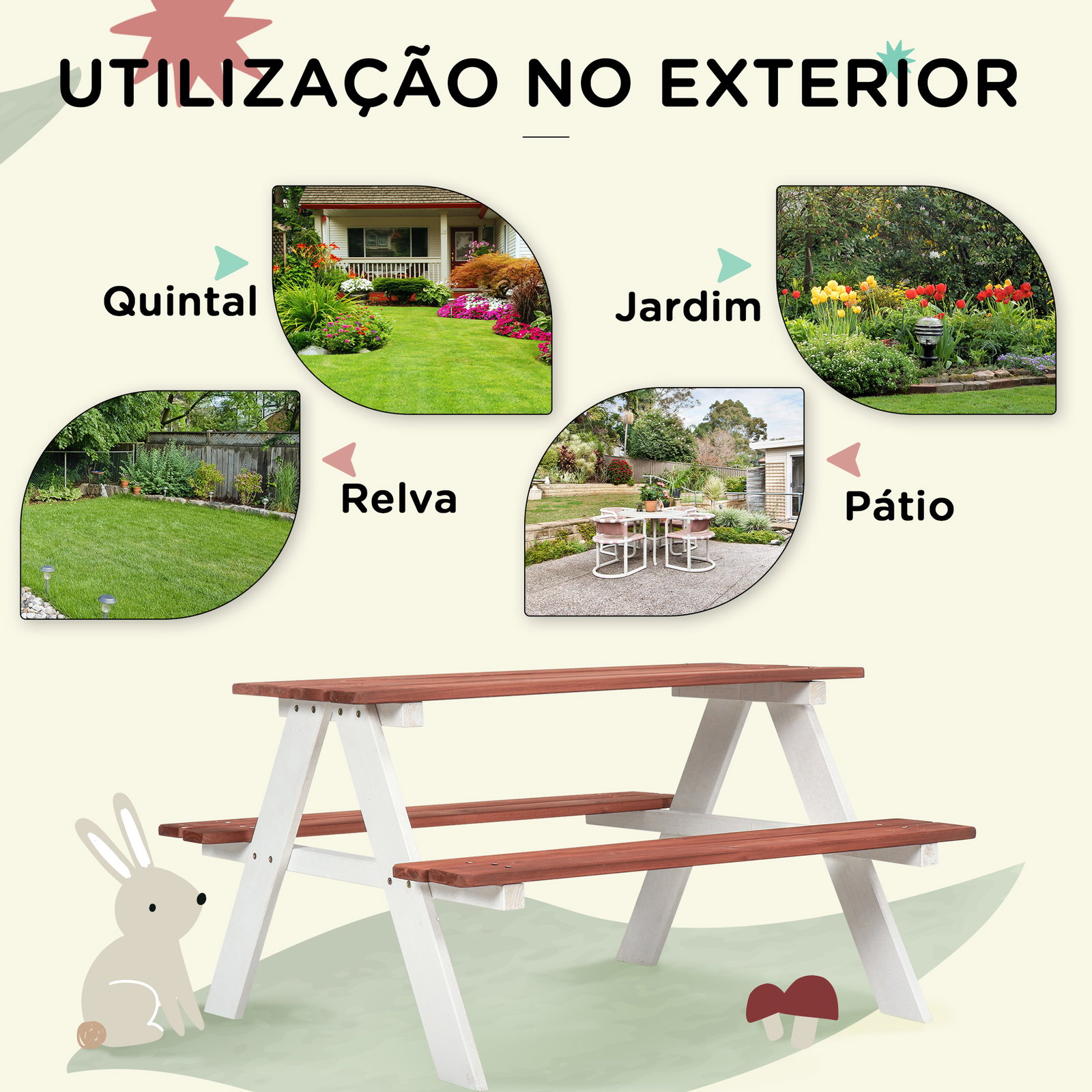Conjunto de mesa e 2 bancos infantil de madeira mesa de piquenique para crianças de 3-8 anos 89x79x50 cm marrom e branco