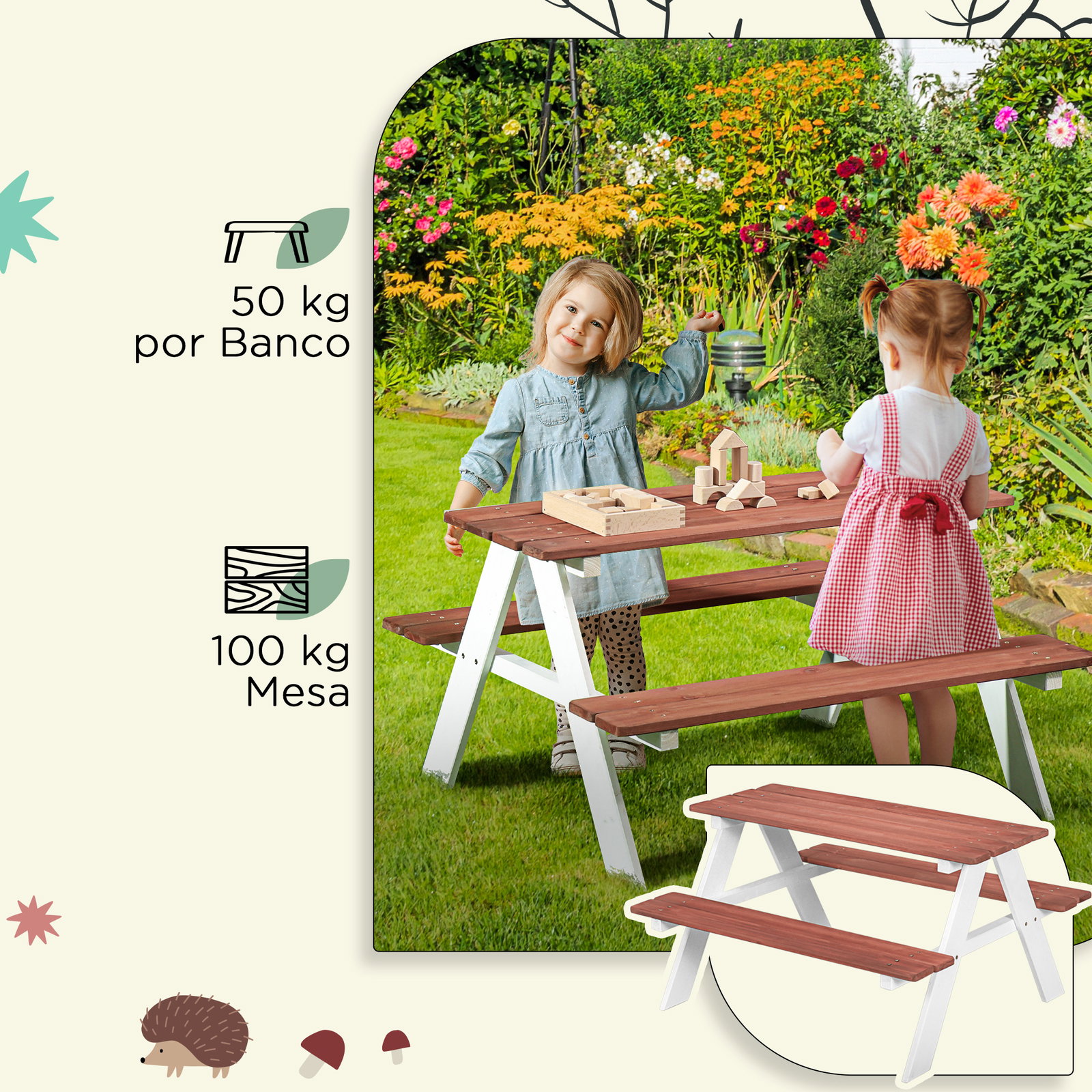 Conjunto de mesa e 2 bancos infantil de madeira mesa de piquenique para crianças de 3-8 anos 89x79x50 cm marrom e branco