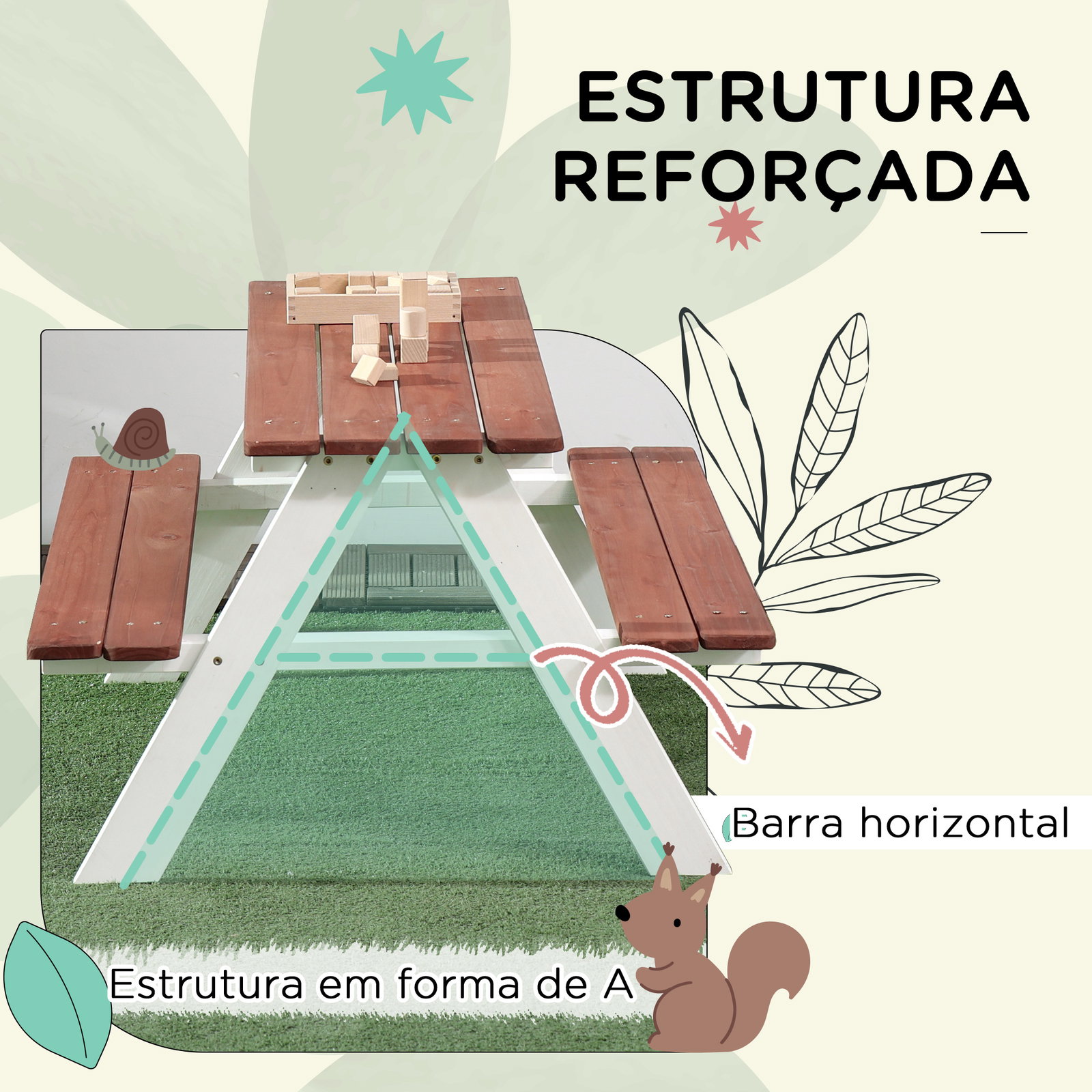Conjunto de mesa e 2 bancos infantil de madeira mesa de piquenique para crianças de 3-8 anos 89x79x50 cm marrom e branco