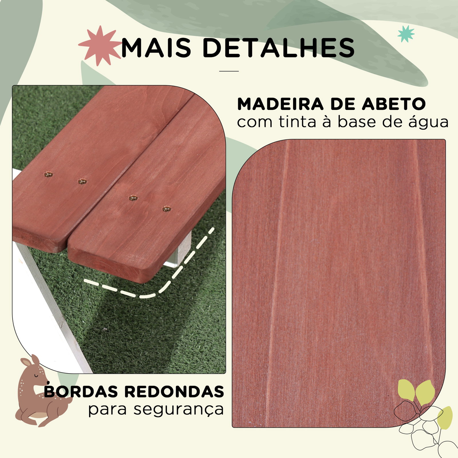 Conjunto de mesa e 2 bancos infantil de madeira mesa de piquenique para crianças de 3-8 anos 89x79x50 cm marrom e branco