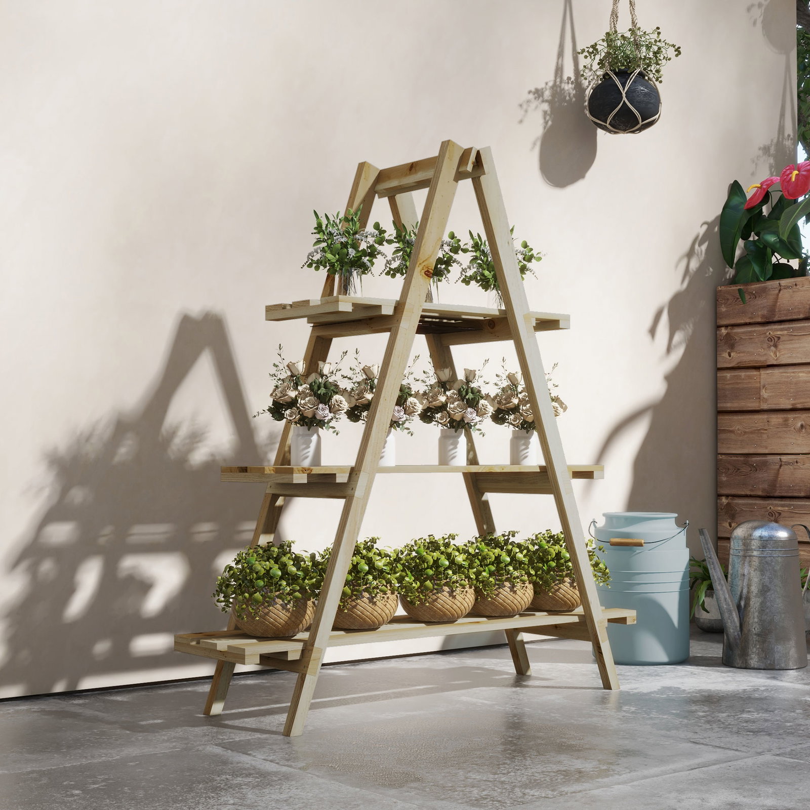 Suporte de madeira para plantas dobrável de 3 níveis com estrutura em forma de a para jardim pátio 100x36x112 cm natural