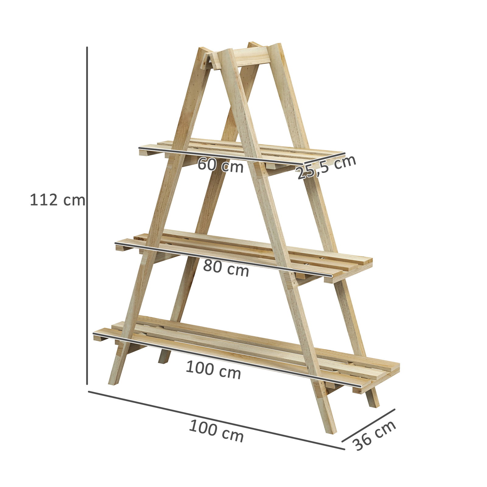 Suporte de madeira para plantas dobrável de 3 níveis com estrutura em forma de a para jardim pátio 100x36x112 cm natural