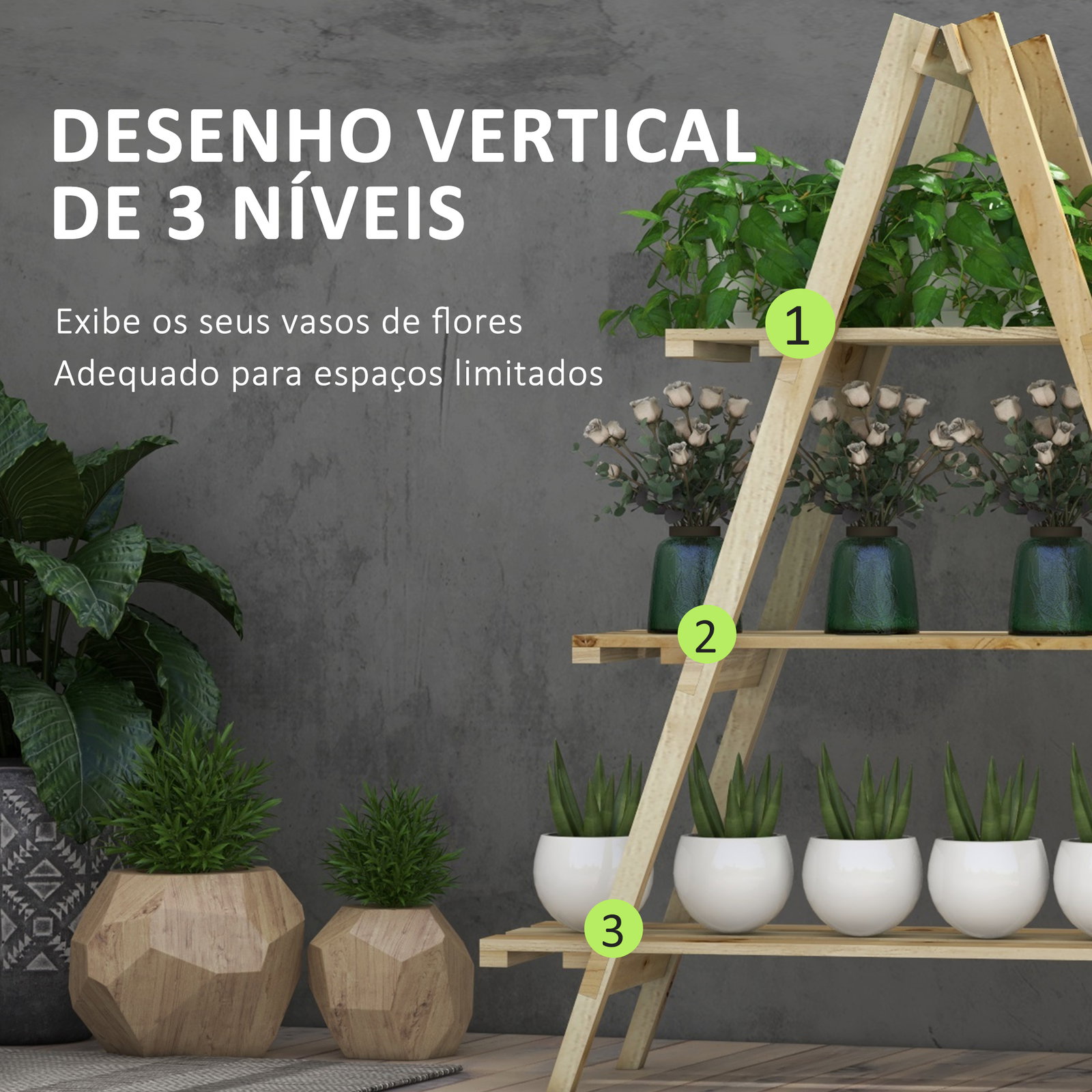 Suporte de madeira para plantas dobrável de 3 níveis com estrutura em forma de a para jardim pátio 100x36x112 cm natural