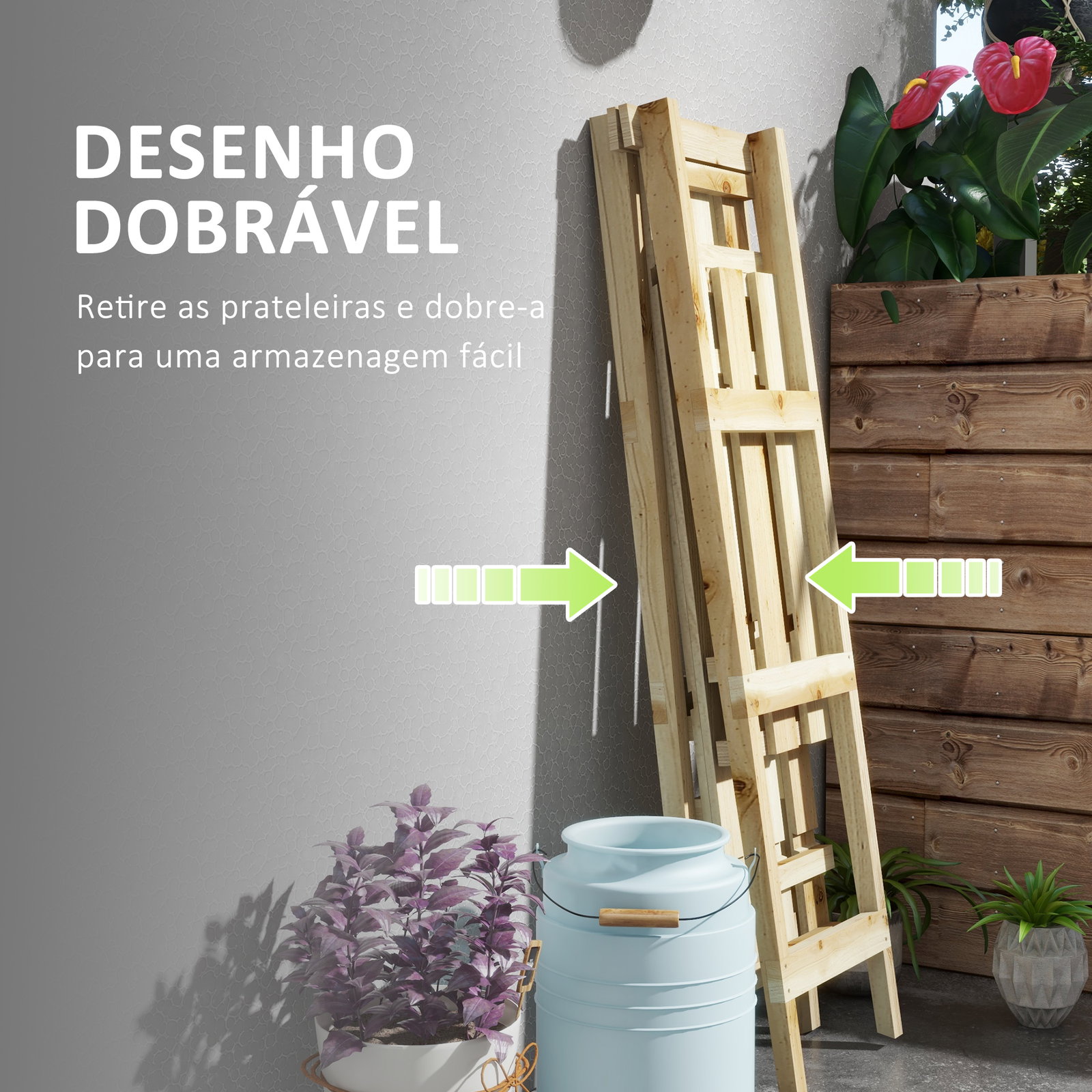 Suporte de madeira para plantas dobrável de 3 níveis com estrutura em forma de a para jardim pátio 100x36x112 cm natural