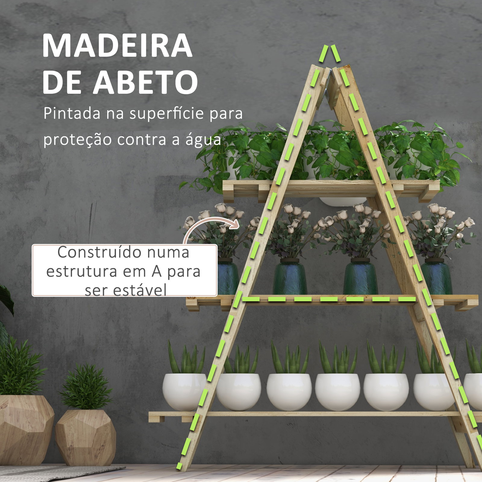 Suporte de madeira para plantas dobrável de 3 níveis com estrutura em forma de a para jardim pátio 100x36x112 cm natural