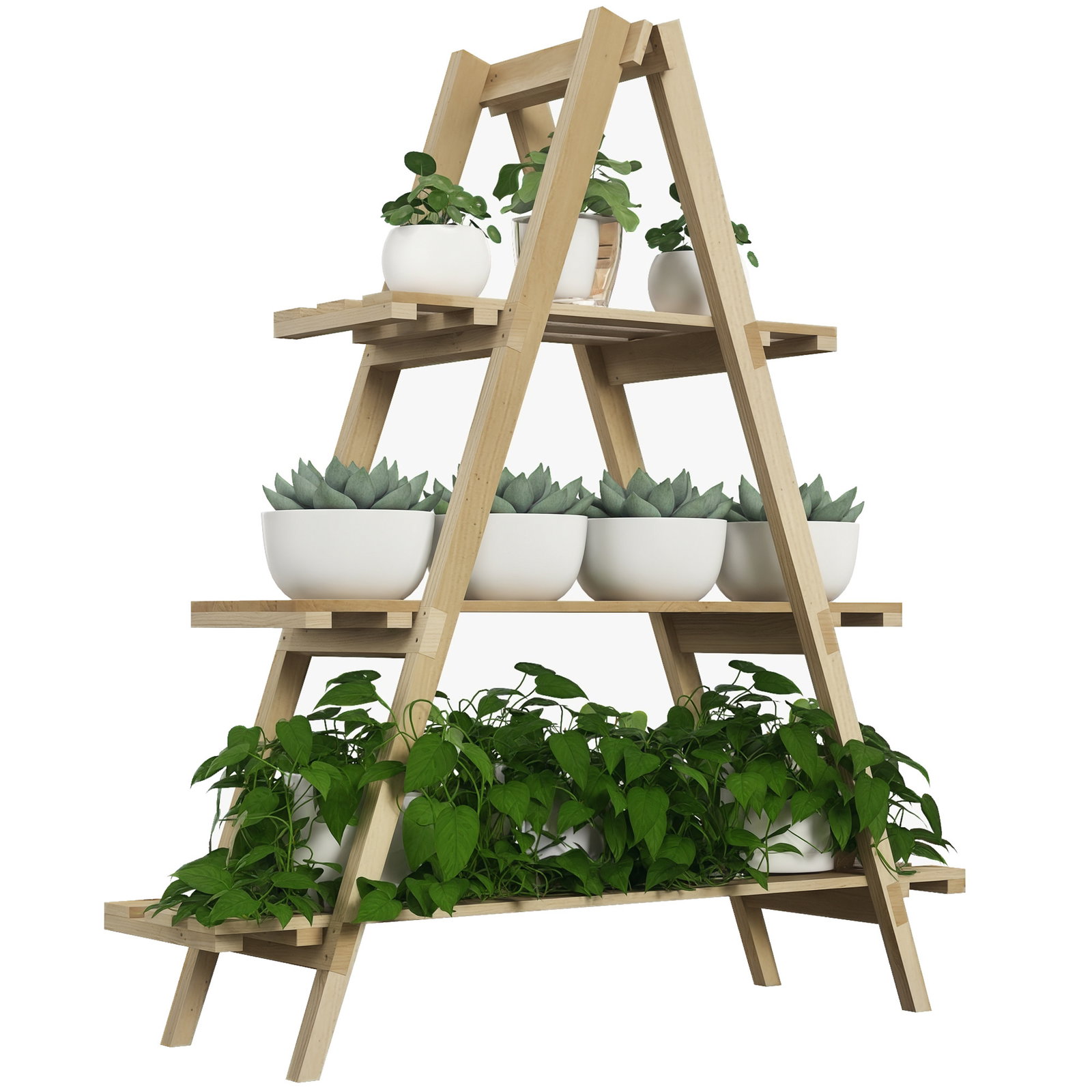 Suporte de madeira para plantas dobrável de 3 níveis com estrutura em forma de a para jardim pátio 100x36x112 cm natural