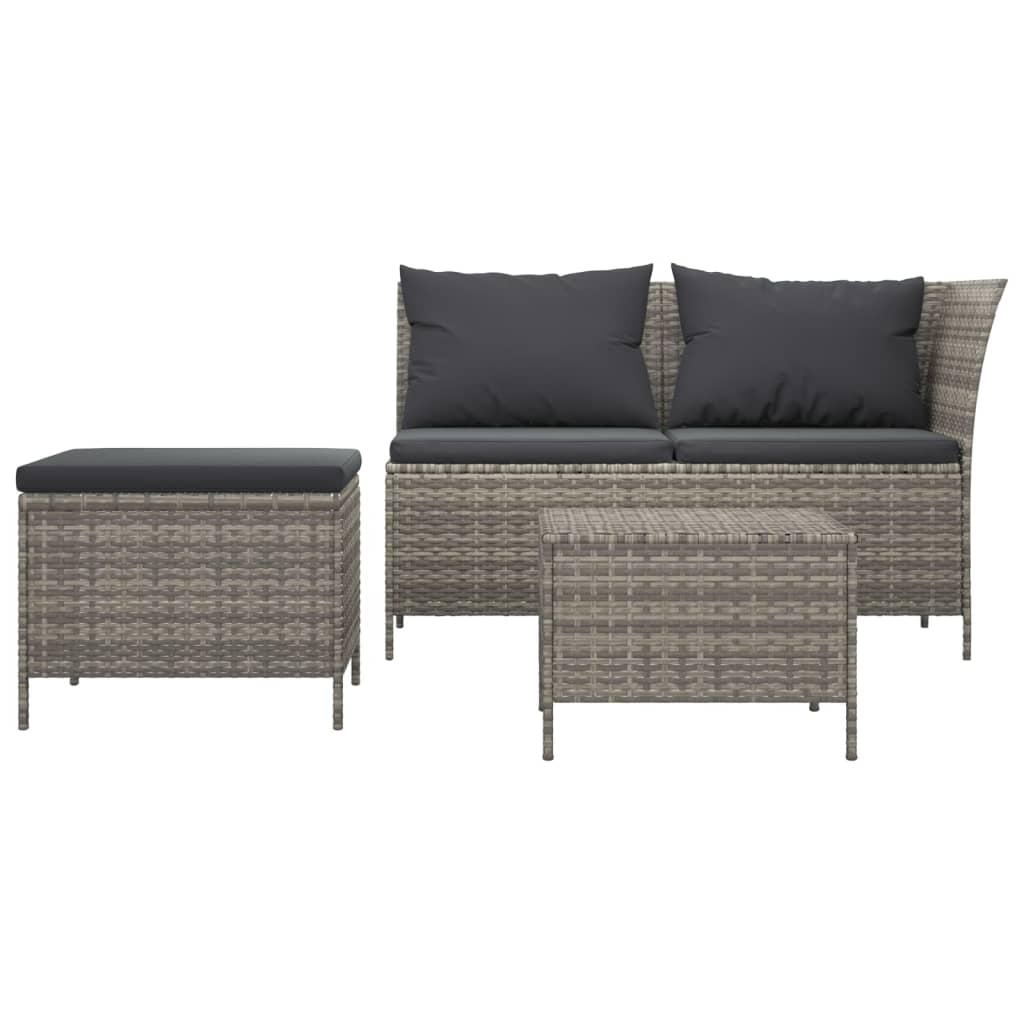 3 Pcs conjunto lounge de jardim c/ almofadões vime PE cinzento