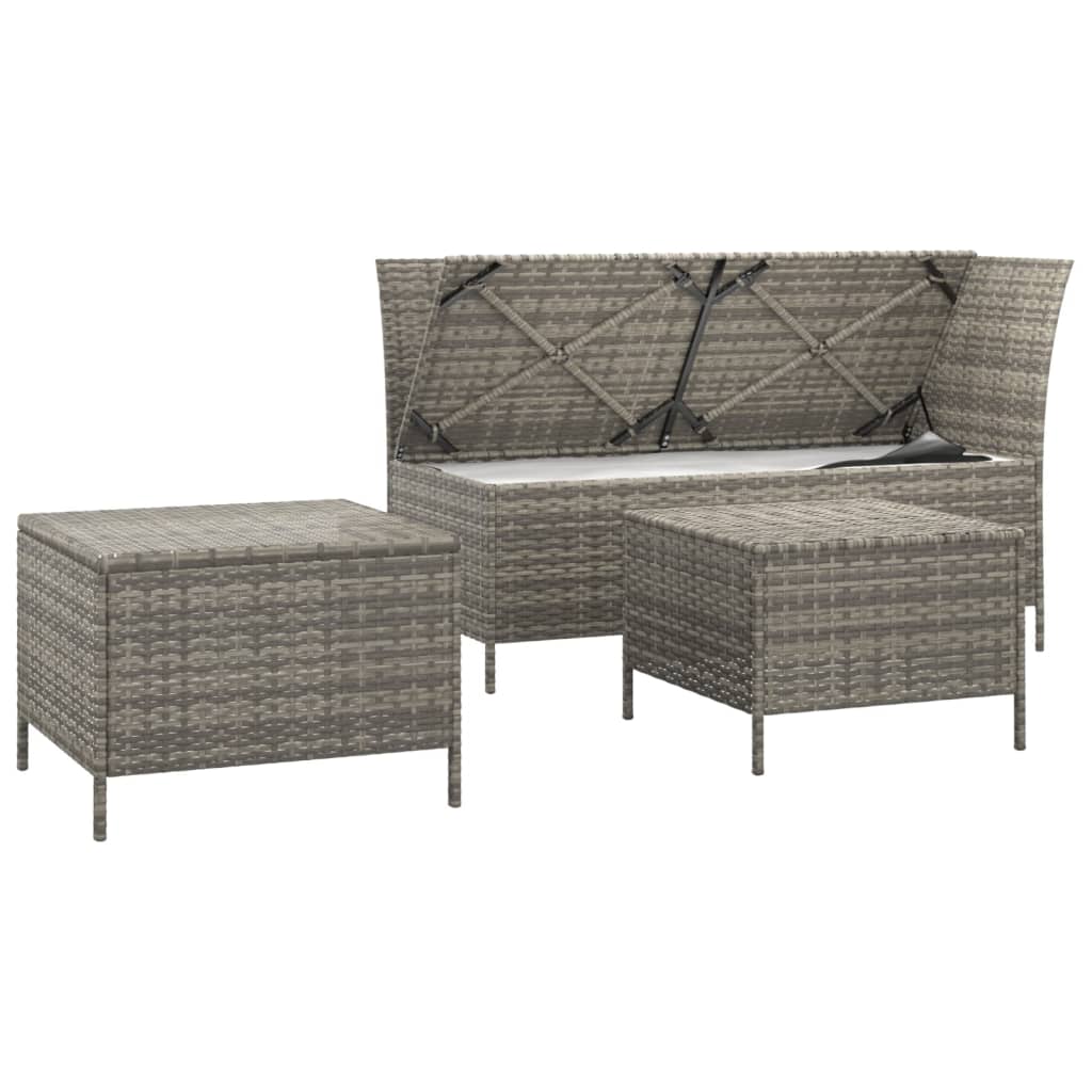 3 Pcs conjunto lounge de jardim c/ almofadões vime PE cinzento