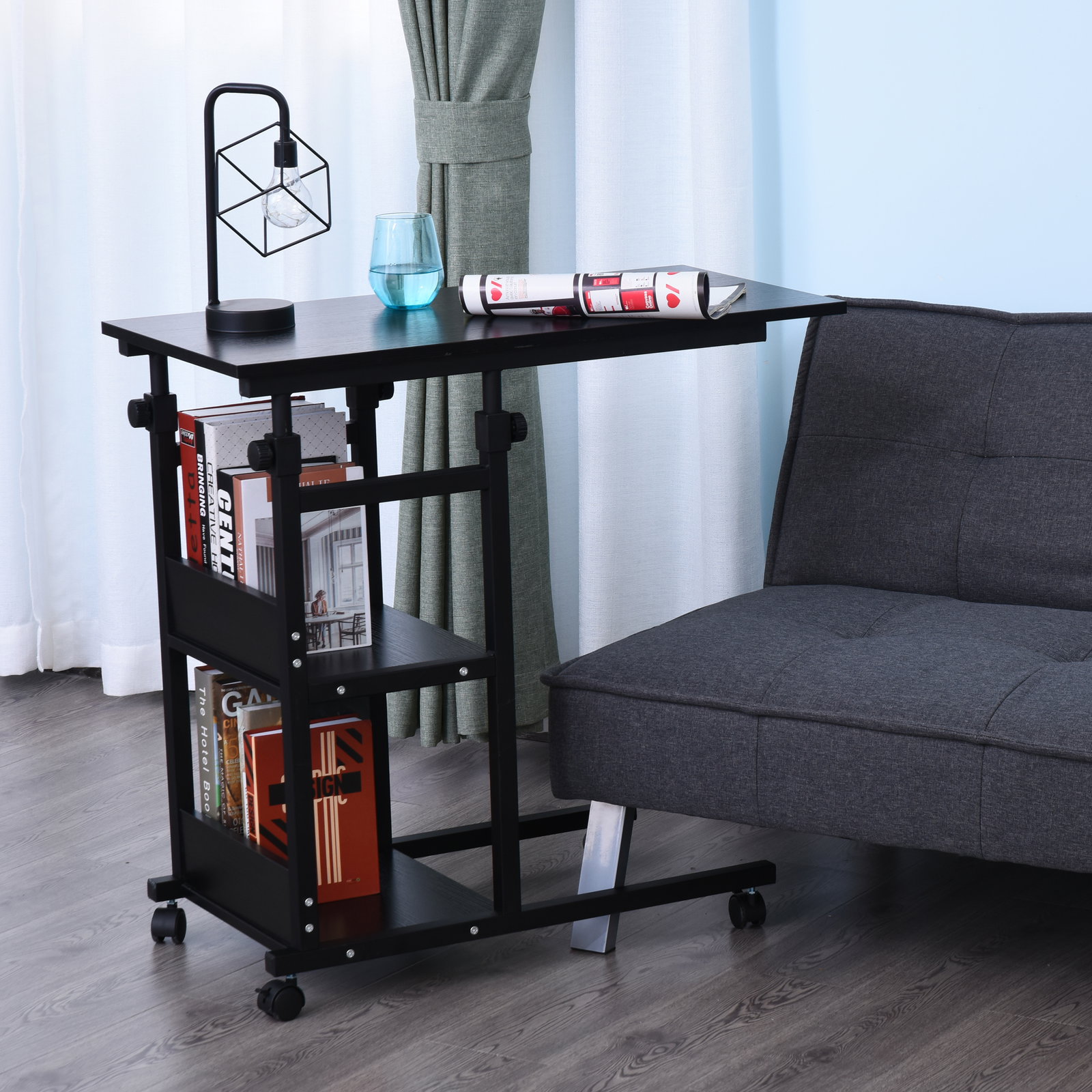Mesa Lateral para Sofá Mesa lateral em Forma de C com 4 rodas Giratórias Freios Altura Ajustável 3 níveis Estrutura Metálica 80x