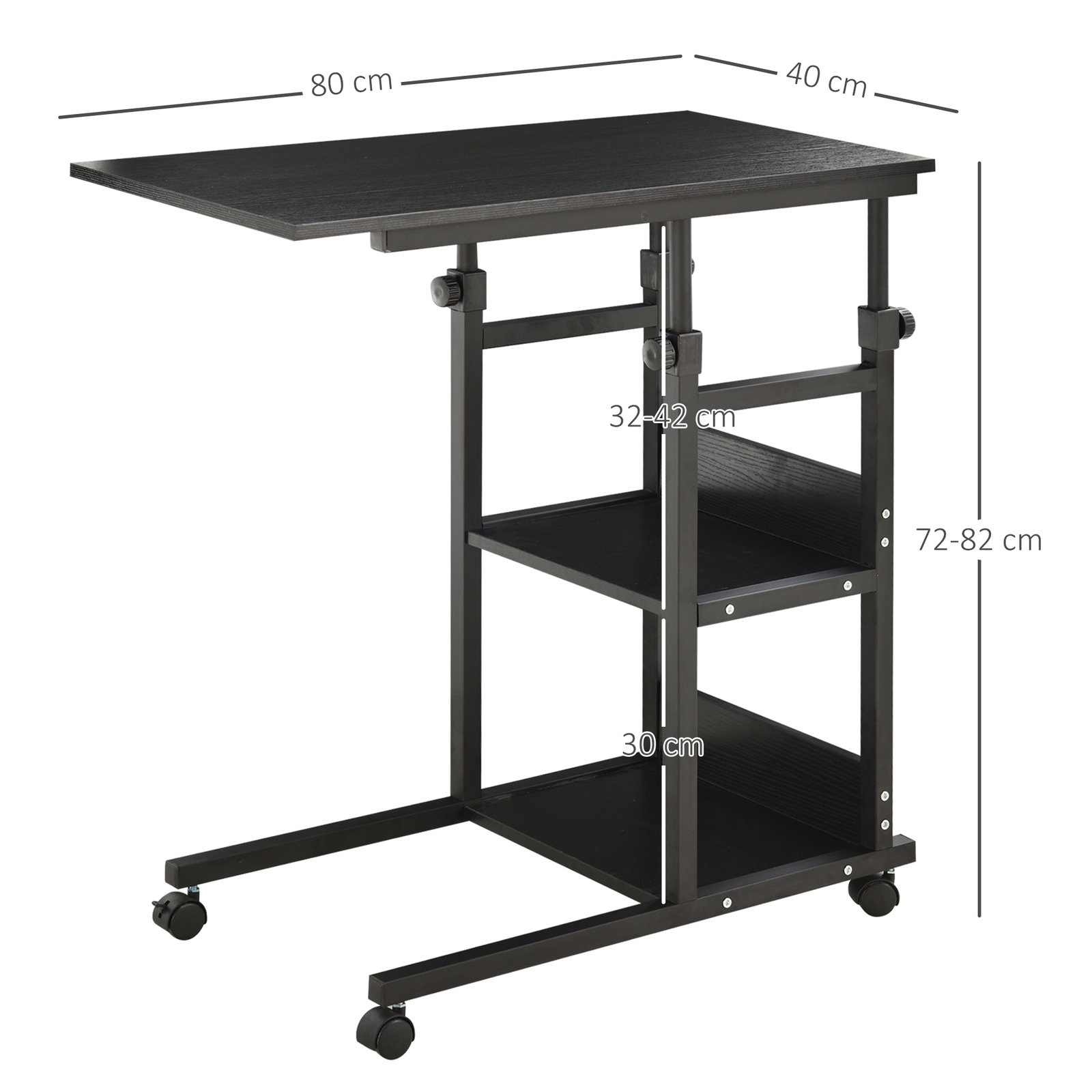 Mesa Lateral para Sofá Mesa lateral em Forma de C com 4 rodas Giratórias Freios Altura Ajustável 3 níveis Estrutura Metálica 80x