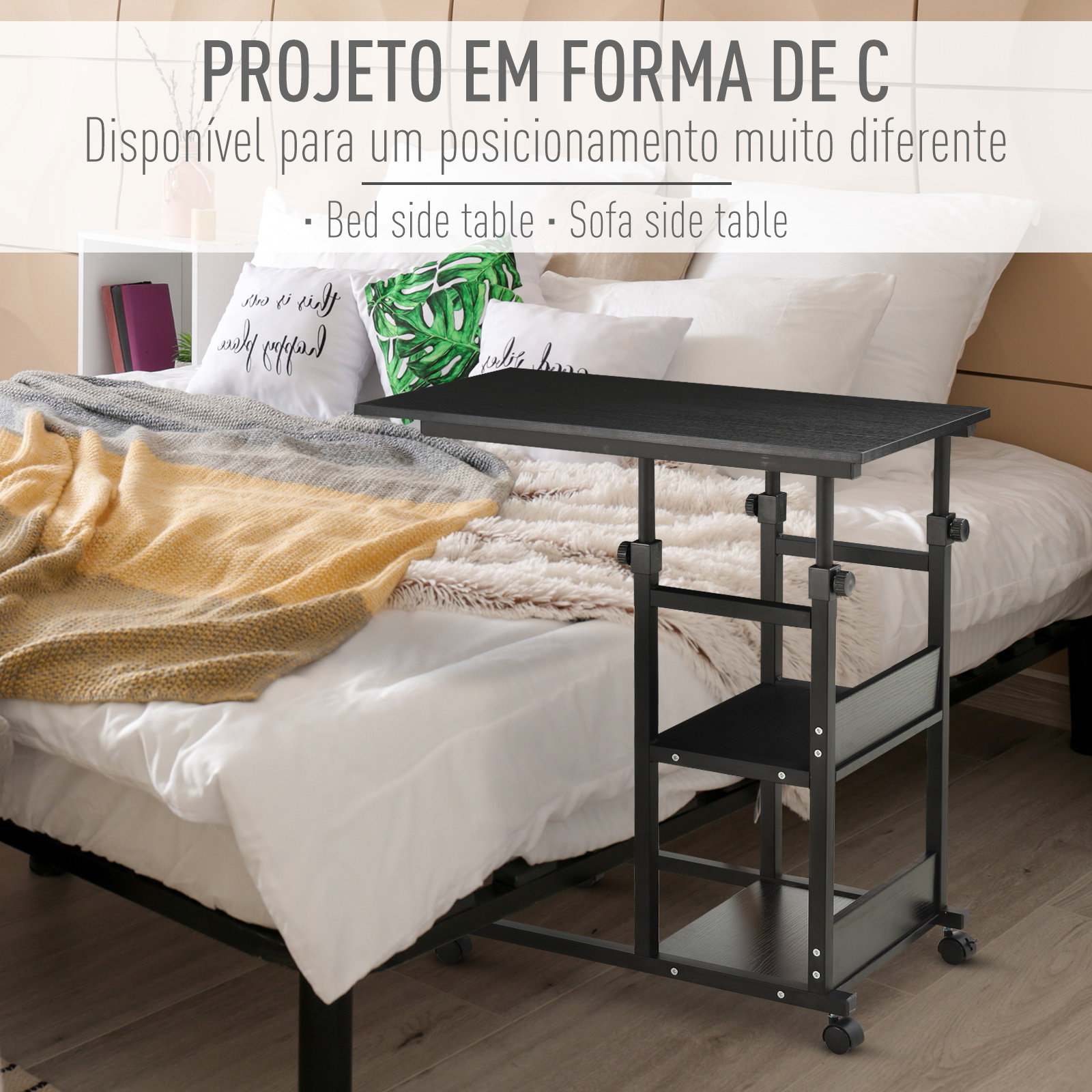 Mesa Lateral para Sofá Mesa lateral em Forma de C com 4 rodas Giratórias Freios Altura Ajustável 3 níveis Estrutura Metálica 80x