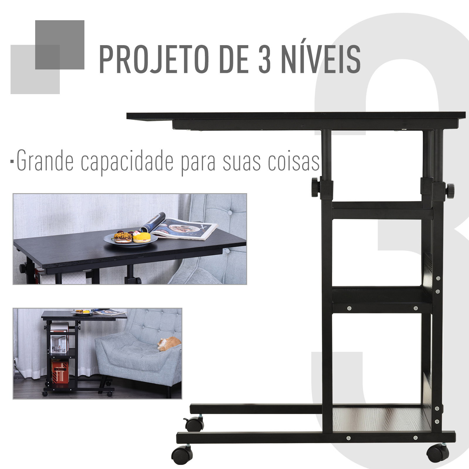 Mesa Lateral para Sofá Mesa lateral em Forma de C com 4 rodas Giratórias Freios Altura Ajustável 3 níveis Estrutura Metálica 80x
