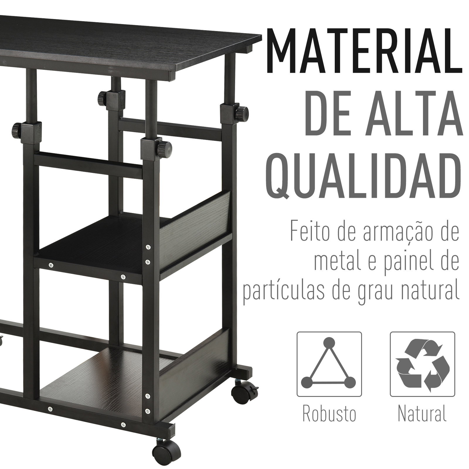 Mesa Lateral para Sofá Mesa lateral em Forma de C com 4 rodas Giratórias Freios Altura Ajustável 3 níveis Estrutura Metálica 80x