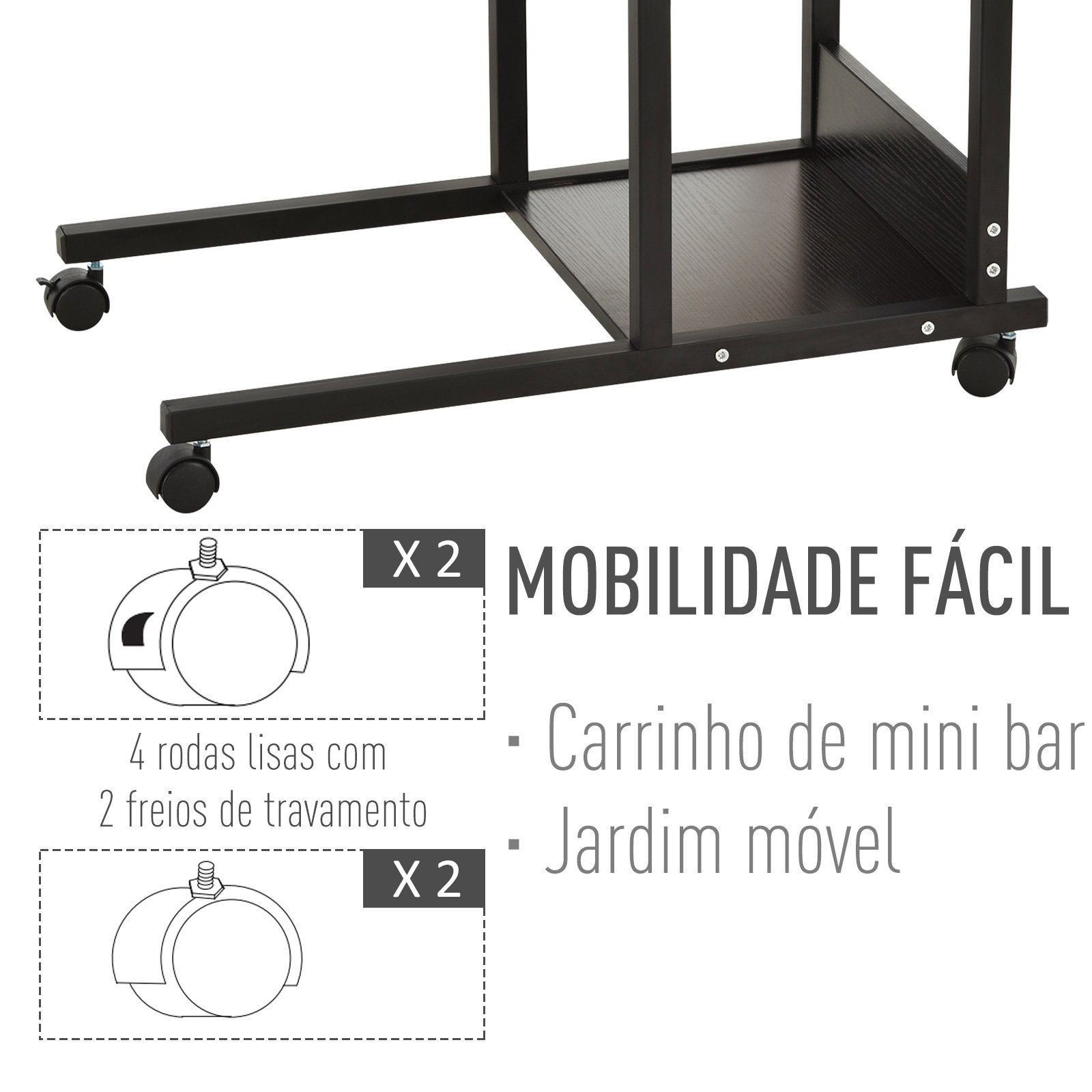 Mesa Lateral para Sofá Mesa lateral em Forma de C com 4 rodas Giratórias Freios Altura Ajustável 3 níveis Estrutura Metálica 80x