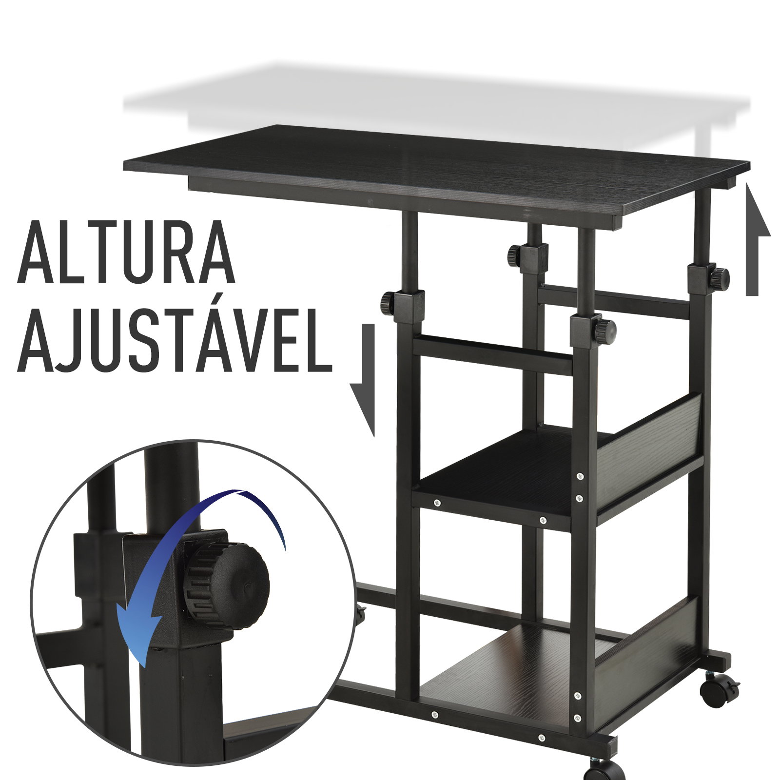 Mesa Lateral para Sofá Mesa lateral em Forma de C com 4 rodas Giratórias Freios Altura Ajustável 3 níveis Estrutura Metálica 80x