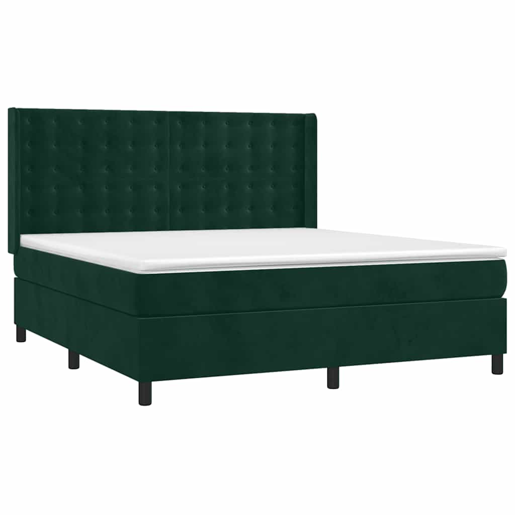 Cama box spring c/ colchão/LED 160x200 cm veludo verde-escuro