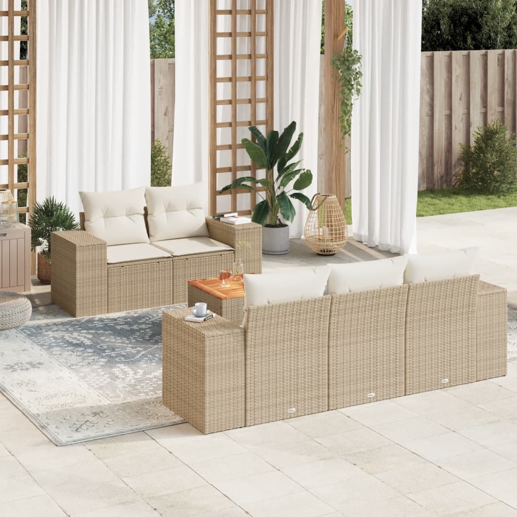 6 Pcs conjunto de sofás p/ jardim com almofadões vime PE bege