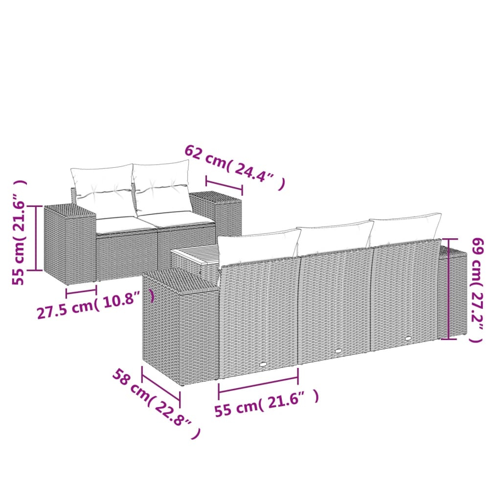 6 Pcs conjunto de sofás p/ jardim com almofadões vime PE bege