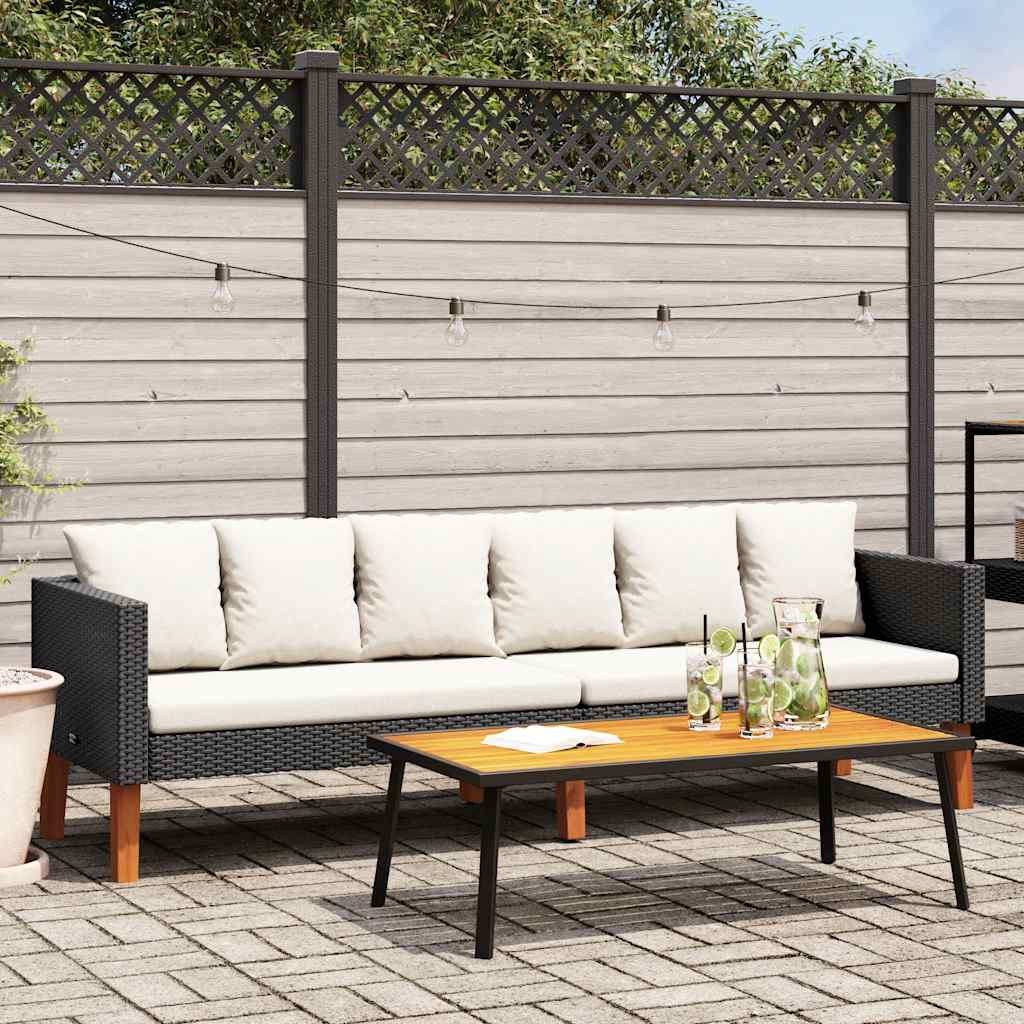 Sofá de jardim 3 lugares com almofadões vime PE preto