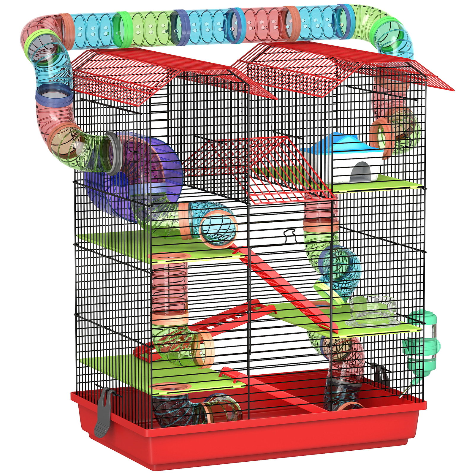 Gaiola para hamster de 5 níveis 47x30x59 cm com túneis tigela bebedouro casinha roda de exercício rampas vermelho