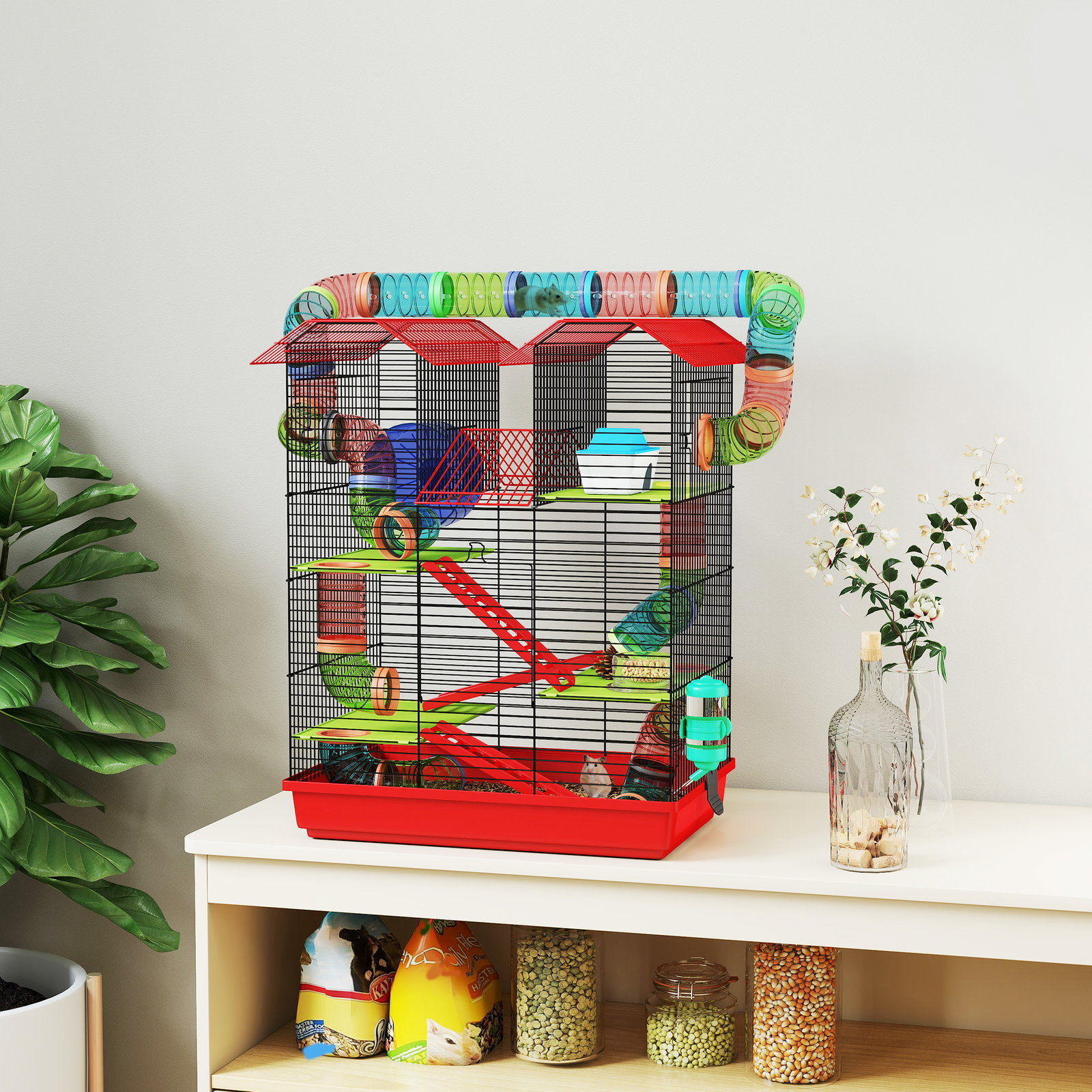 Gaiola para hamster de 5 níveis 47x30x59 cm com túneis tigela bebedouro casinha roda de exercício rampas vermelho